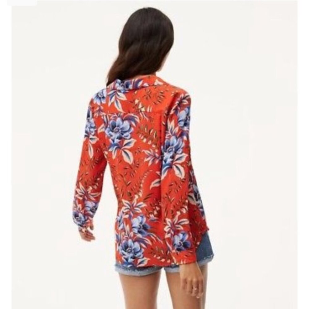 Ann Taylor LOFT Long Sleeve Floral Blouse Orange Blue flowers hawaiian look - Picture 2 of 10
